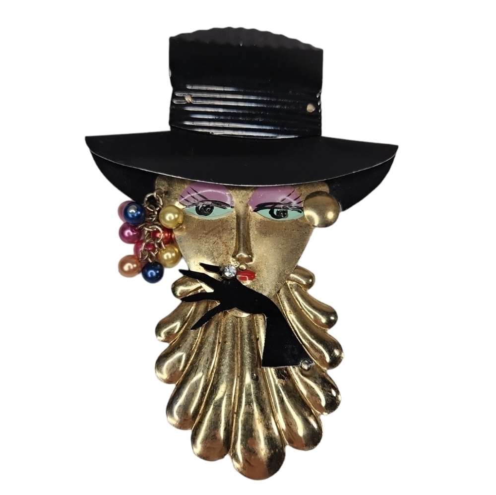 Vintage Coy French Woman Metal Brooch